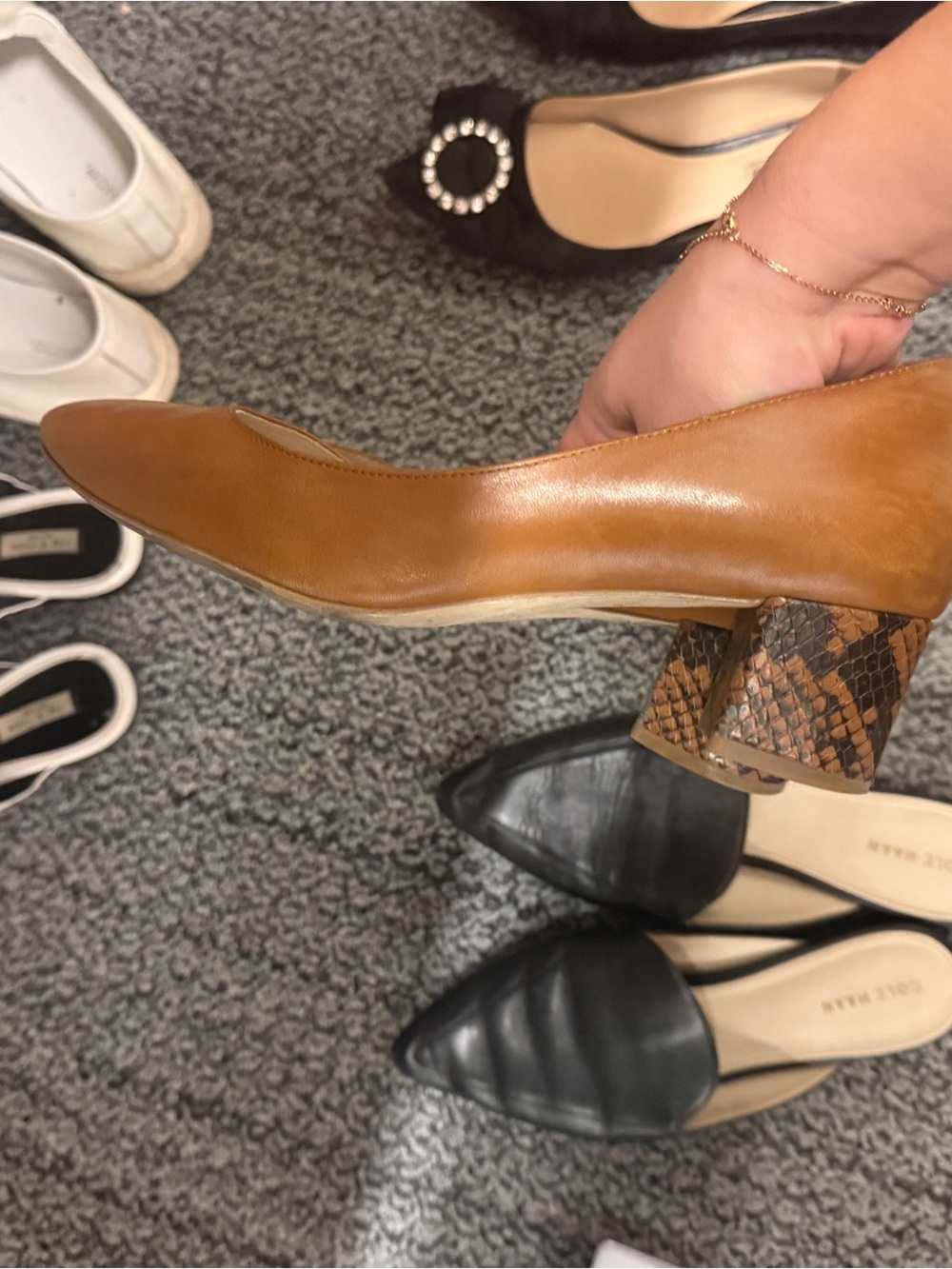 Tan Leather Block Heel Pumps